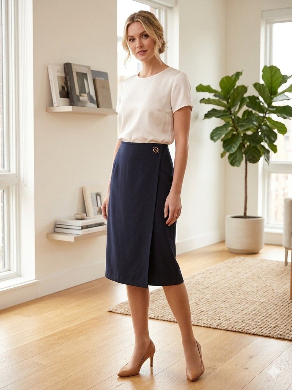 Vintage Elpida Wool Pencil Skirt Size 10 Navy Blue Lined 80s Career Work Wear